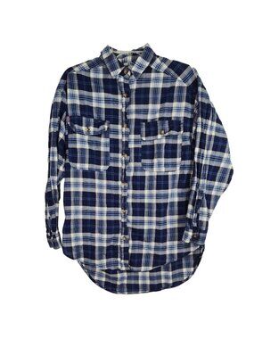 BDG Button Up Shirt Men Size S Blue White Plaid Flap Pockets Long Sleeve